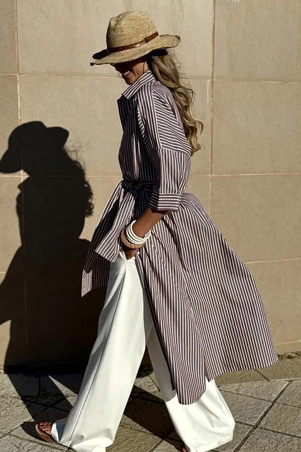 All-match Striped Button Up Half Sleeve Belted Pocket Shirt Midi Dress