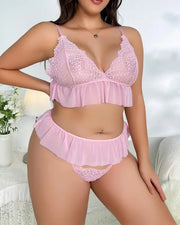 Plus Size Crochet Eyelash Lace Sheer Mesh Lingerie Set SKU: APU23050-ichic-pi