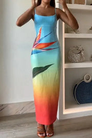 Dreamy Dreamy Sequin Unique Floral Gradient Print Slit Stretch Maxi Dress