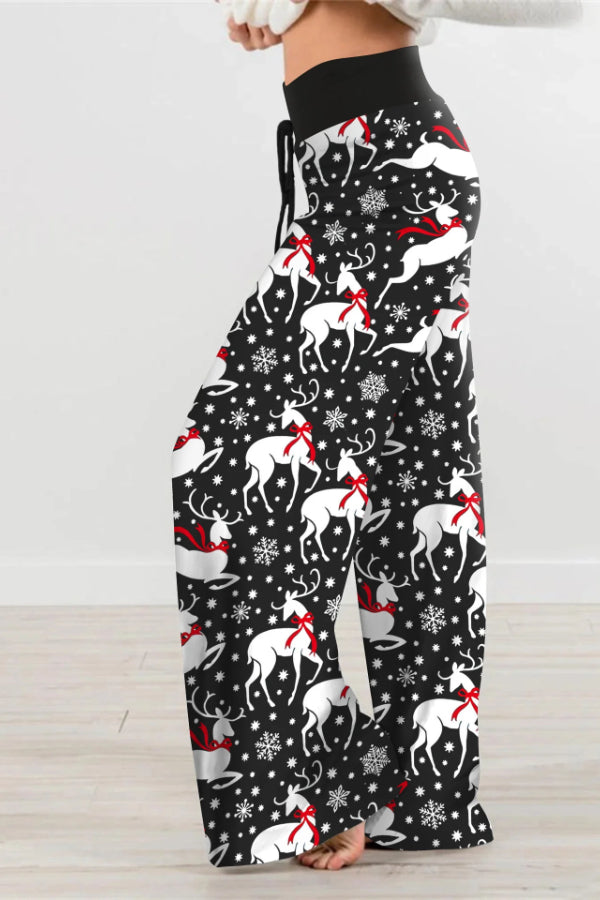 Christmas Drawstring Elk Print Wide Leg Pants