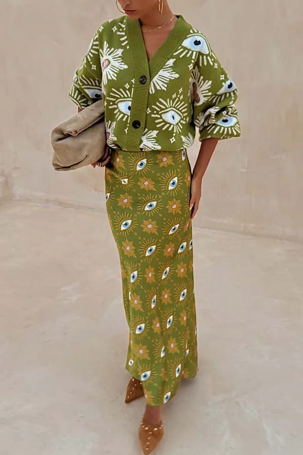 Mysterious Magic Knit Eye Heart Pattern Button Up Long Sleeve Loose Cardigan