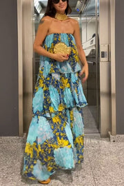 Cecily Contrast Floral Print Tiered Ruffles Strapless Maxi Dress