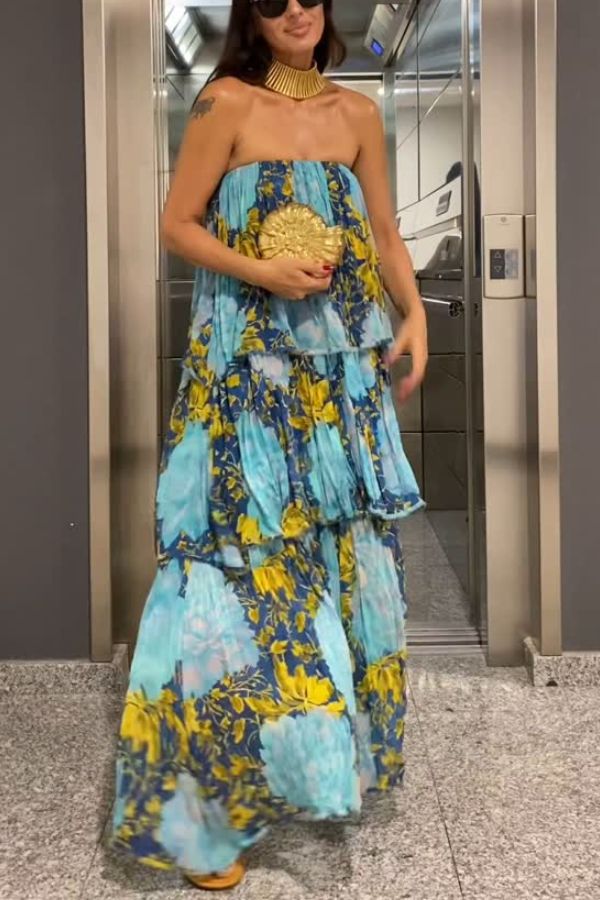 Cecily Contrast Floral Print Tiered Ruffles Strapless Maxi Dress
