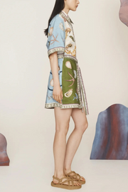 Deep Sea Dreaming Linen Blend Unique Print Tie-up Pocketed Shirt Mini Dress