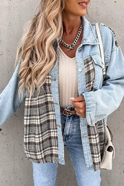 Denim Jacket Long Sleeve Check Button Down Shirt Jacket Top