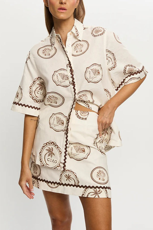 Resort Style Print Lapel Short Sleeve Shirt and Casual Mini Skirt Set