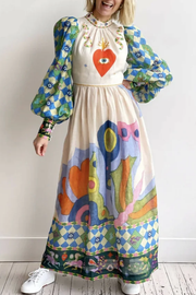 Dear To My Heart Unique Print Lantern Sleeve A-line Midi Dress