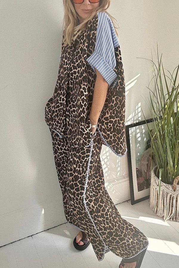 Comfortable Leopard Stripes Colorblock Print Oversized Shirt and Elastic Waist Pocket Loose Pants Set