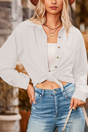 Loose Pocket Lapel Button Textured Blouse