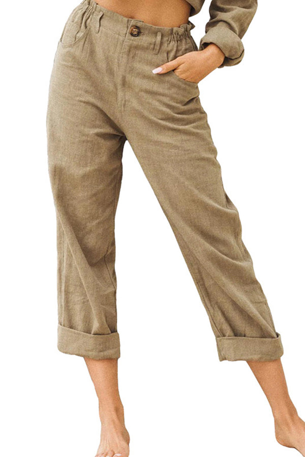 Solid color cotton and linen fashionable loose high waist casual pants