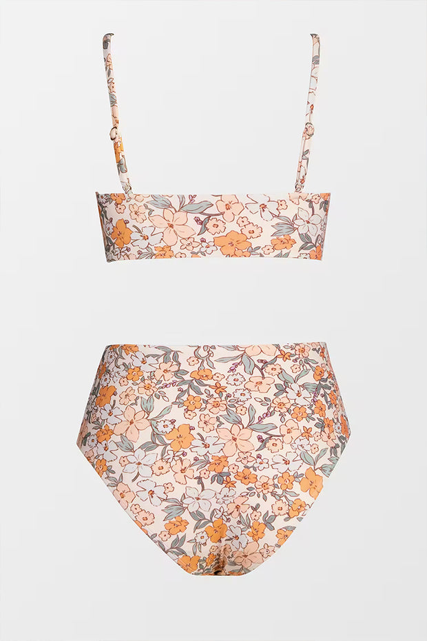 Floral Print Twist Bralette & Spliced High Waist Bikini Set