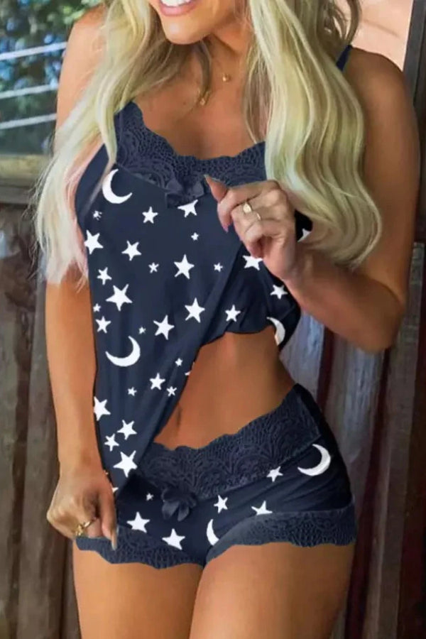 Moon Star Lace Splicing Camisole Shorts Pajamas Set