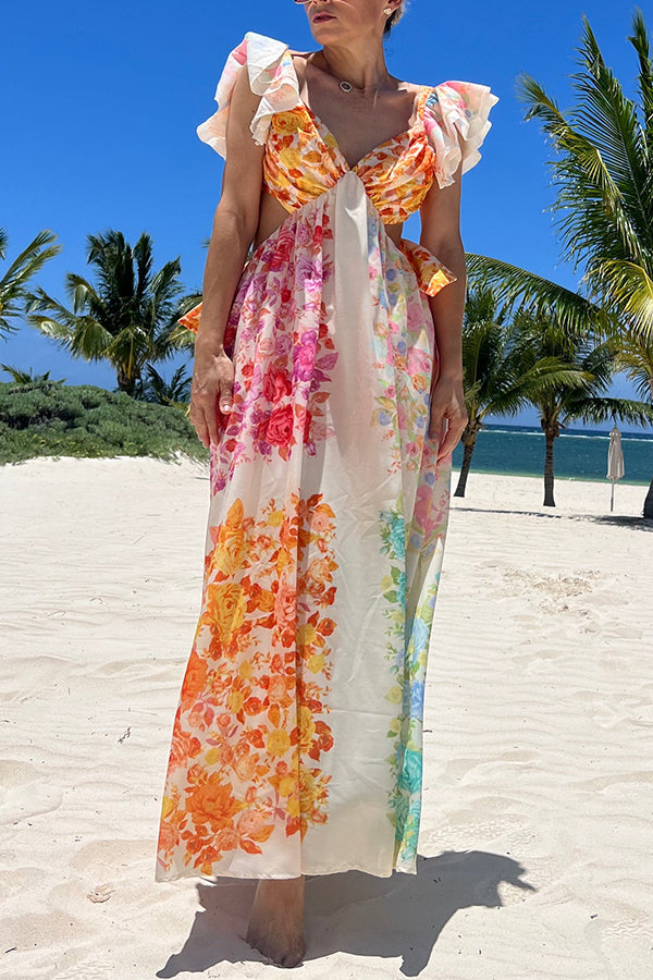BLOOMING BEAUTY MULTICOLOR FLORAL FRILL CUTOUT BACK TIE-UP MAXI DRESS