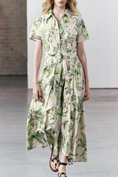 Green Floral Print Shirt Long Dress