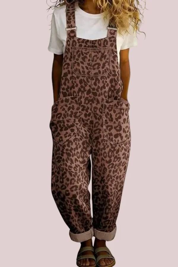 Women's Vintage Leopard Print Adjustable Strap Overalls