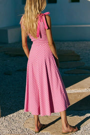 Linen Blend Solid Color V-neck Short Sleeve Waist Loose Slit Midi Dress