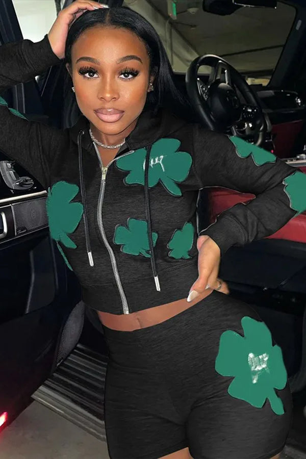 Four-Leaf Clover Printed Zipper Hoodie Jackets With Sports Shorts Set