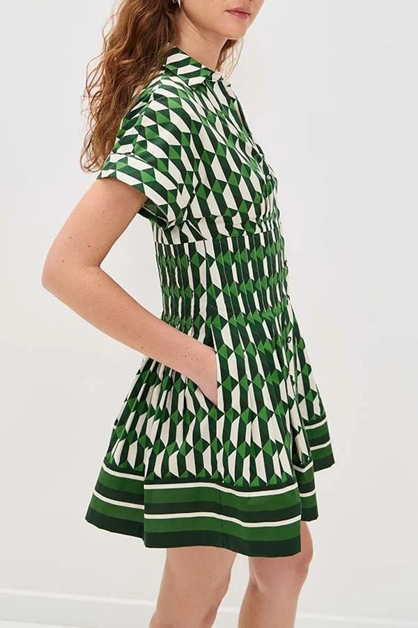 Nash Geometric Tile Print Wide Sleeve Button Up Pocketed Mini Dress