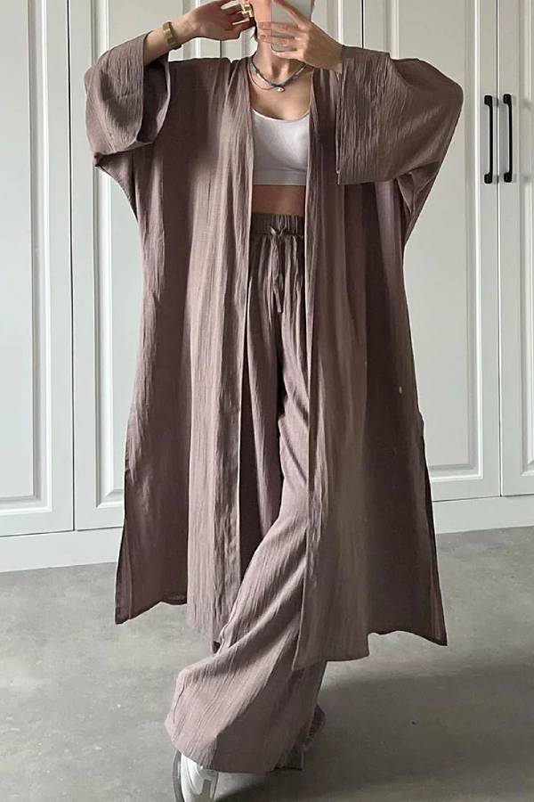 Casual Long Cardigan Slit Two-piece Set