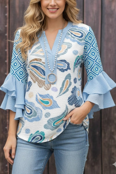 Retro-print ruffled bell sleeve V-neck top