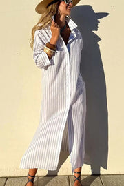 All-match Striped Button Up Half Sleeve Belted Pocket Shirt Midi Dress