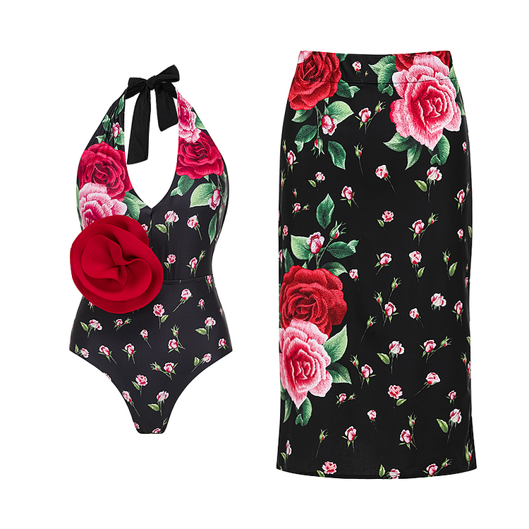 3D Flower Halter Rose Embroidery Printed Swimsuit and Skirt or Sarong