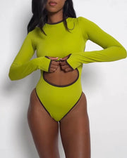 Women's Contrast Color Hollow Long Sleeve One-piece Swimsuit