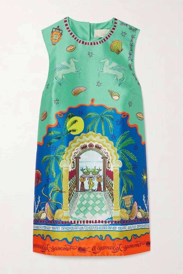 Round Neck Graffiti Satin Miniskirt Dress