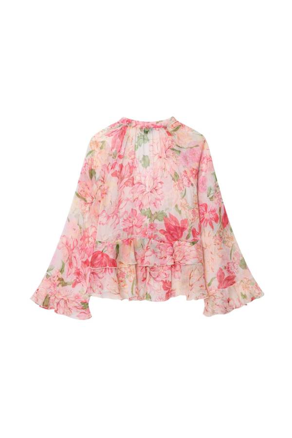 Pink Floral Print Ruffle V Neck Cropped Chiffon Blouse