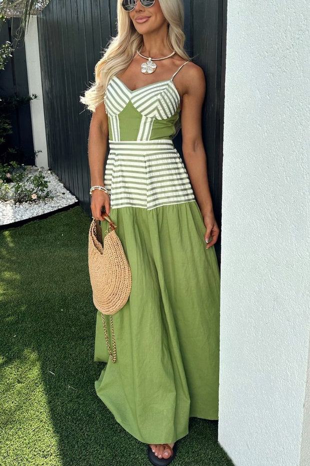 Dove Linen Blend Striped Contrast Back Smocked Slip Maxi Dress
