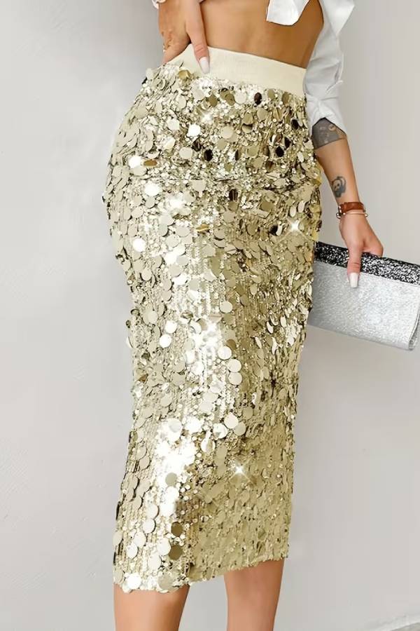 Silver Sequin Bodycon Midi Skirt