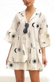 Flare Sleeves Button Down Graffiti Print Ruffle Shirt Dress