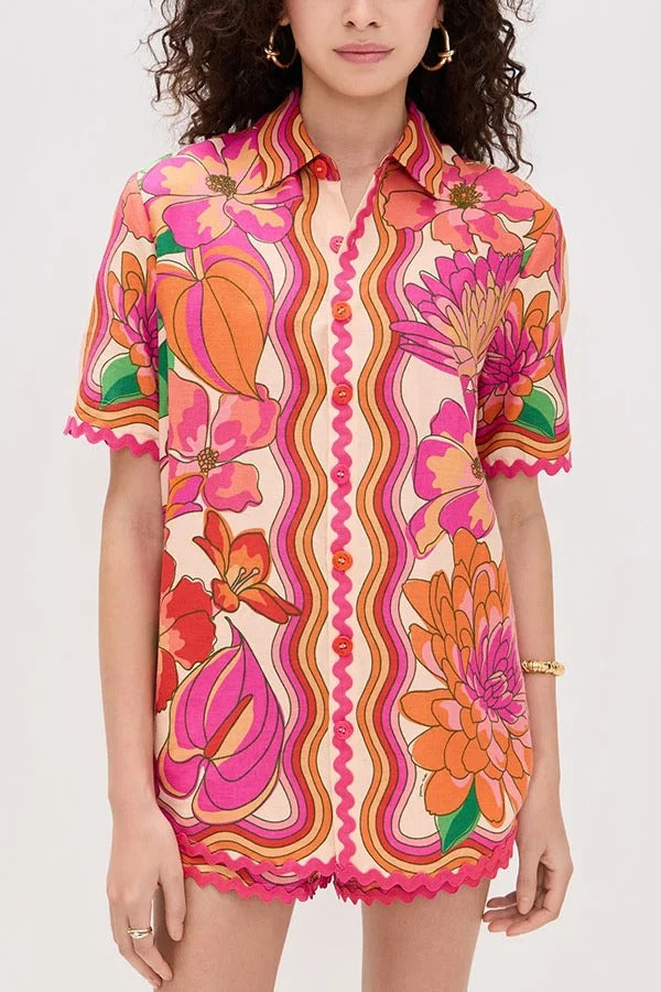 Neima Unique Print Wave Trim Button Up Short Sleeve Shirt and Elastic Waist Pocket Loose Shorts Set