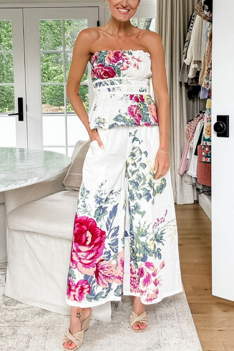 In To The Summer Linen Blend Floral Print Elastic Bandeau and Elastic Waist Pocket Loose Pants Set