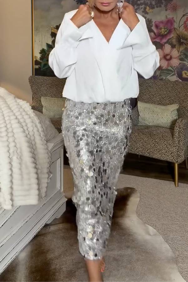 Silver Sequin Bodycon Midi Skirt