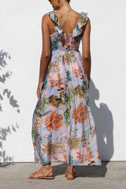 Unique Printed V-neck Ruffled Straps Pleated Back Maxi Dress