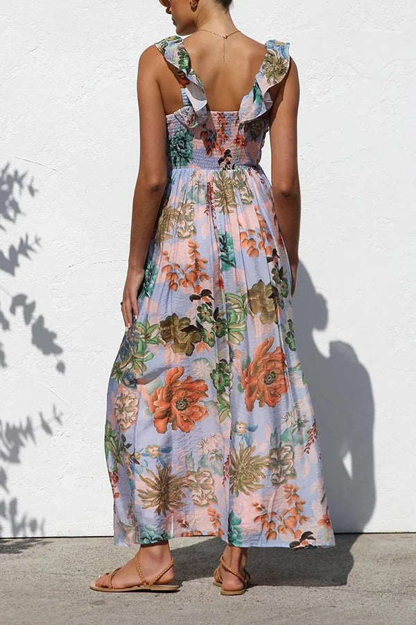 Unique Printed V-neck Ruffled Straps Pleated Back Maxi Dress