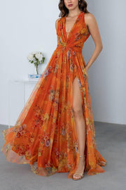 Autumn Romantic Floral Tulle Twist Detail Backless Slit Formal Maxi Dress