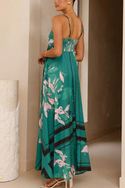 Botanical Print Square Neck Suspender Casual Full Hem Maxi Dress