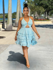 CUT OUT HALTER CROSSOVER BACKLESS A-LINE TIERED RUFFLED COCKTAIL PARTY MINI DRESSES [PRE ORDER]