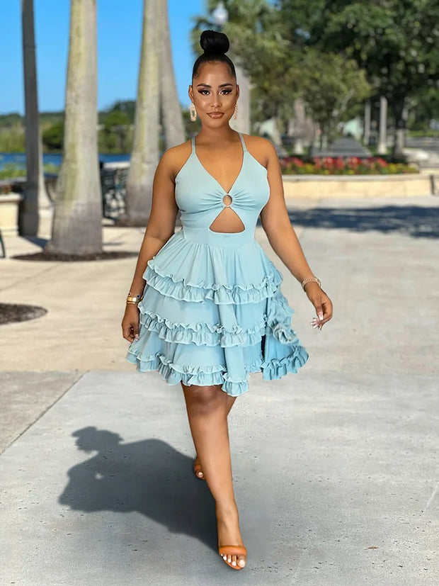 CUT OUT HALTER CROSSOVER BACKLESS A-LINE TIERED RUFFLED COCKTAIL PARTY MINI DRESSES [PRE ORDER]