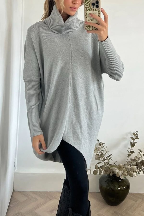 Perfect Winter Walks Knit Turtleneck High-low Hem Loose Midi Sweater