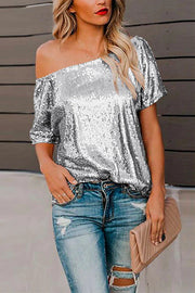 Off Shoulder Short Sleeve Sequin T-shirt