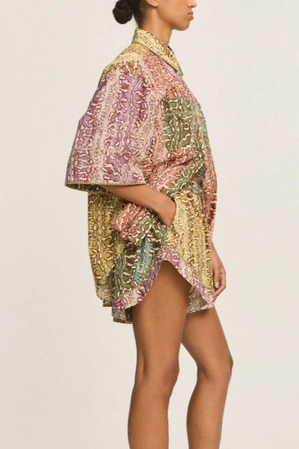 Color Block Snake Print Collar Half Sleeve Shirt & Shorts Set