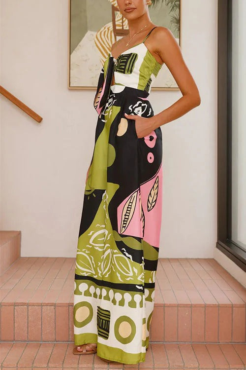 Tie Front Cut Out Wide Leg Printed Cami Jumpsuit