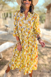 Boho Floral Collared Long Sleeve Dress