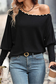 Black Pearls Asymmetric Neck Puff Sleeve Blouse