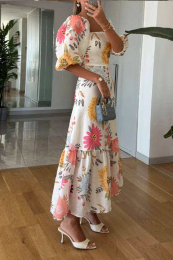 Square Neck Floral Print Puff Sleeve Midi Dress