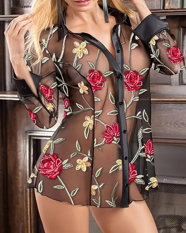 Floral Embroidery Sheer Mesh Babydoll