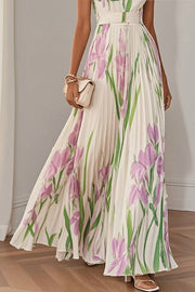 White Pleated Floral Chiffon Square Neck Sleeveless A-Line Maxi Dress